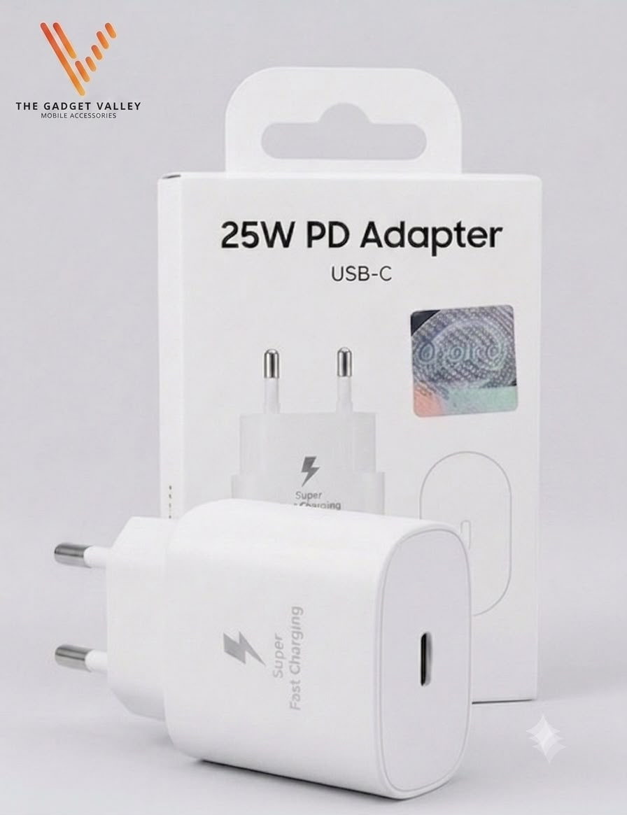 The Samsung 25W PD (Power Delivery) Adapter is a compact, high-speed wall charger designed for efficient and safe charging of USB-C compatible devices.  
   Key Features  
 Super Fast Charging: Utilizes Power Delivery 3.0 and PPS (Programmable Power Supply) technology to deliver up to 25W of power for compatible smartphones, tablets, and other USB-C devices.  
 Broad Compatibility: While optimized for Samsung Galaxy devices, it supports various USB-C enabled devices, including those from other manufacturers, by automatically adjusting to the required charging speed.