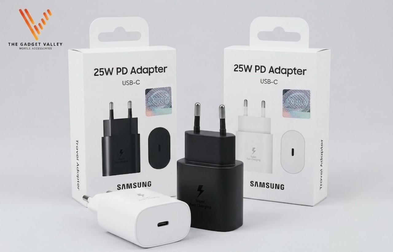 The Samsung 25W PD (Power Delivery) Adapter is a compact, high-speed wall charger designed for efficient and safe charging of USB-C compatible devices.  
   Key Features  
 Super Fast Charging: Utilizes Power Delivery 3.0 and PPS (Programmable Power Supply) technology to deliver up to 25W of power for compatible smartphones, tablets, and other USB-C devices.  
 Broad Compatibility: While optimized for Samsung Galaxy devices, it supports various USB-C enabled devices, including those from other manufacturers, by automatically adjusting to the required charging speed.