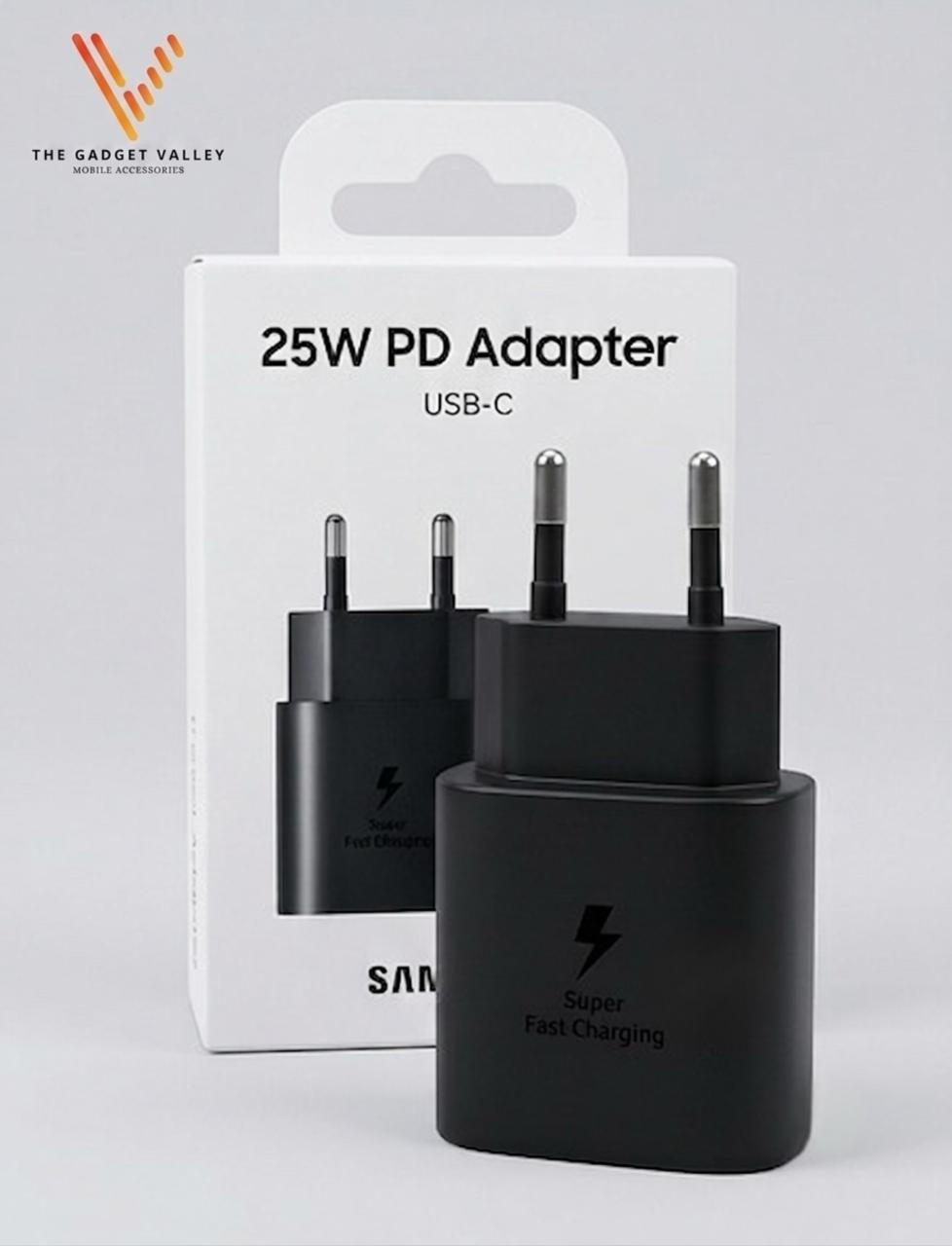The Samsung 25W PD (Power Delivery) Adapter is a compact, high-speed wall charger designed for efficient and safe charging of USB-C compatible devices.  
### Key Features  
 Super Fast Charging: Utilizes Power Delivery 3.0 and PPS (Programmable Power Supply) technology to deliver up to 25W of power for compatible smartphones, tablets, and other USB-C devices.  
 Broad Compatibility: While optimized for Samsung Galaxy devices, it supports various USB-C enabled devices, including those from other manufacturers, by automatically adjusting to the required charging speed.