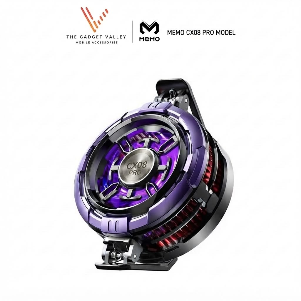 The MEMO CX08 Pro is a high-performance mobile gaming cooler featuring advanced semiconductor (TEC) cooling with AI-driven temperature control to prevent overheating and frame drops. It includes a 2-in-1 magnetic and clip-on mounting system, a powerful 5500 RPM turbo fan, and dynamic RGB lighting, all packed into an ultra-lightweight, quiet-operating chassis designed for pro gamers and streamers.