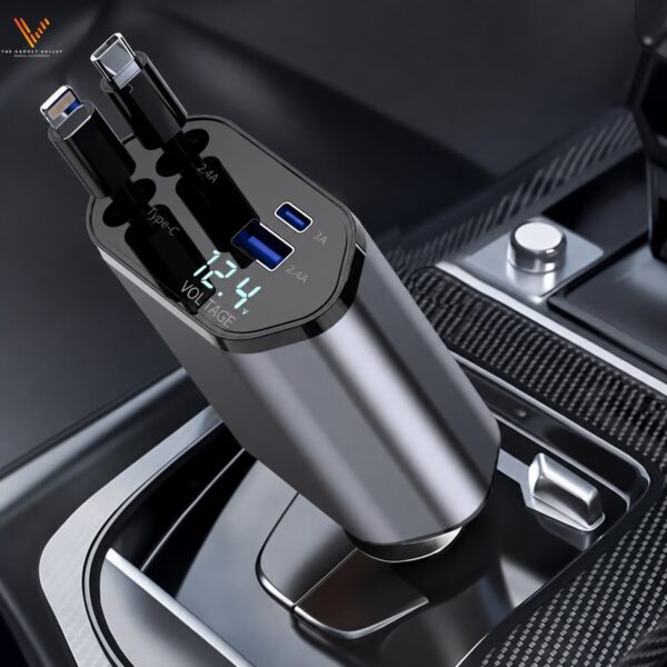 120W 4 in 1 Retractable Car Charger - Fast Charging Adapter with Multiple Cables